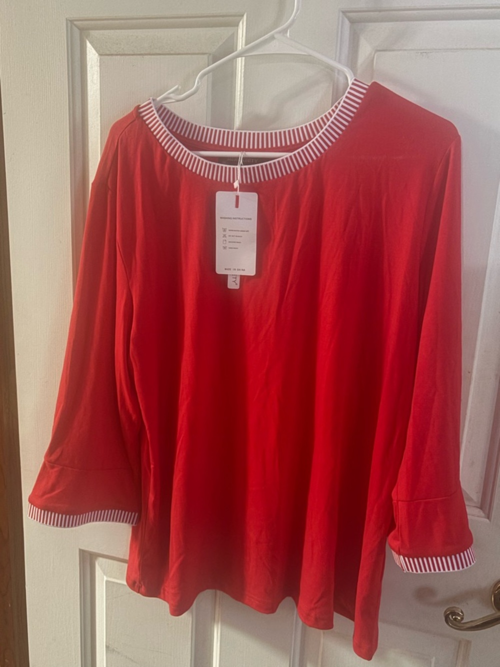 Women's Red Long-Sleeve Boatneck Top with Striped Trim